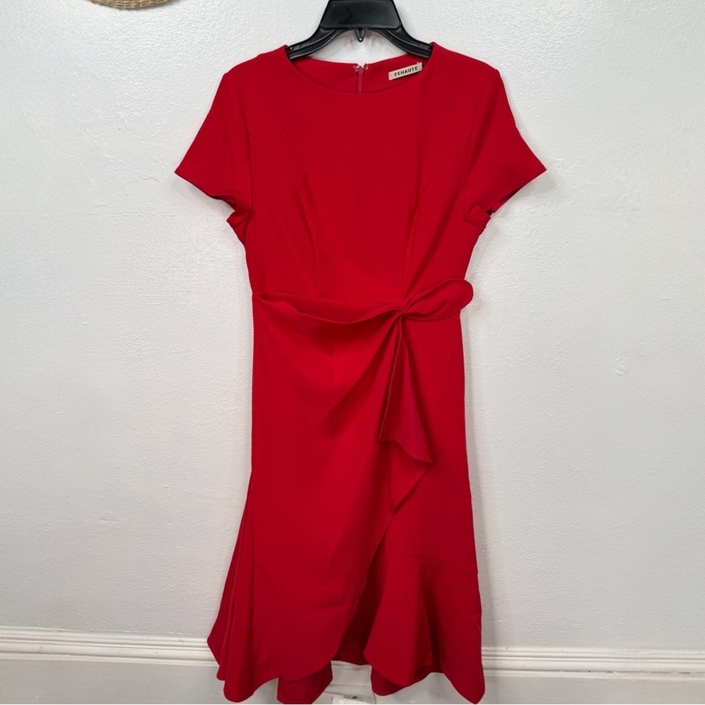 FEHAUTE Dress Womens XS Red Tie-Front Midi Fit & Flare Short Sleeve Back Zip